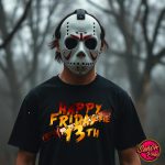 Happy friday the 13th Tshirt in black with red text and machete
